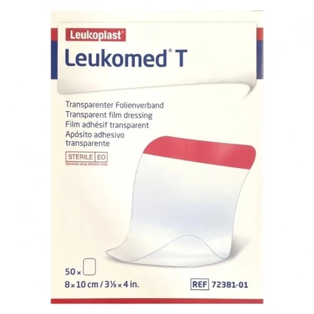 Caja de Leukomed T, ap&oacute;sito transparente impermeable, 50 unidades 8x10 cm. La foto es ilustrativa.